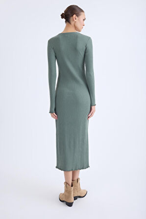 V Yaka Uzun Kol Fitilli Elbise