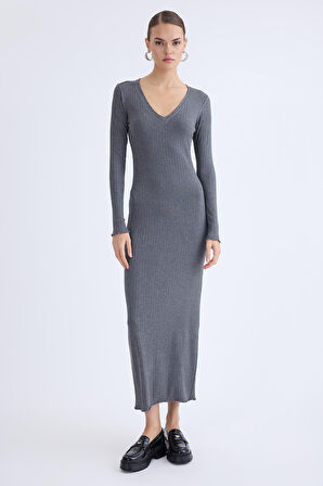 V Yaka Uzun Kol Fitilli Elbise