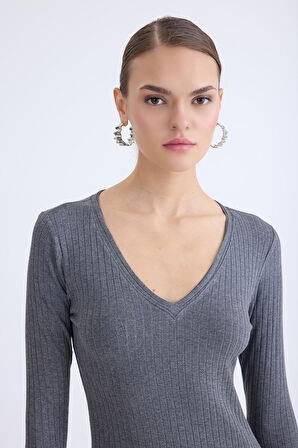 V Yaka Uzun Kol Fitilli Elbise