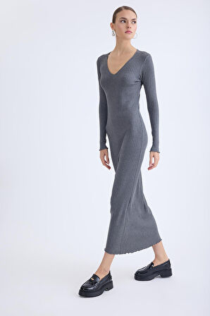 V Yaka Uzun Kol Fitilli Elbise