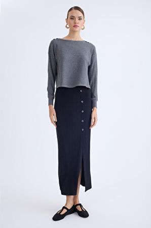 Önü Düğmeli Midi Boy Fitilli Etek