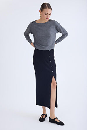 Önü Düğmeli Midi Boy Fitilli Etek