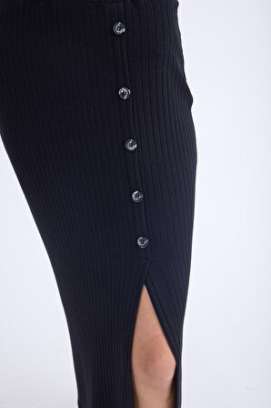 Önü Düğmeli Midi Boy Fitilli Etek