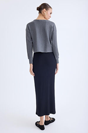 Önü Düğmeli Midi Boy Fitilli Etek