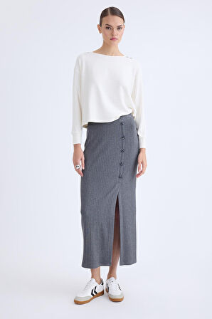 Önü Düğmeli Midi Boy Fitilli Etek