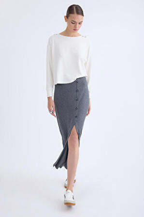 Önü Düğmeli Midi Boy Fitilli Etek