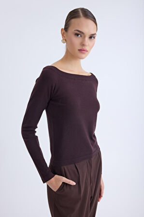 Kayık Yaka Uzun Kol Triko Bluz