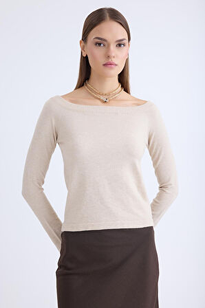 Kayık Yaka Uzun Kol Triko Bluz