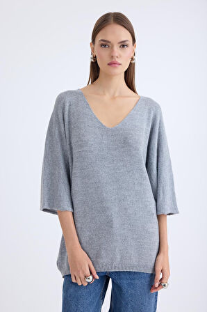 V Yaka Yarım Kol Simli Salaş Bluz