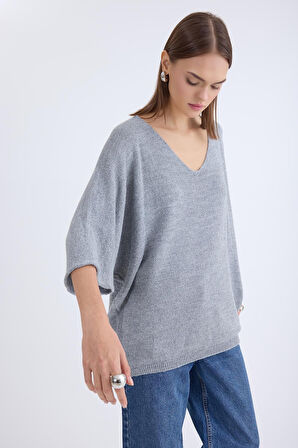 V Yaka Yarım Kol Simli Salaş Bluz