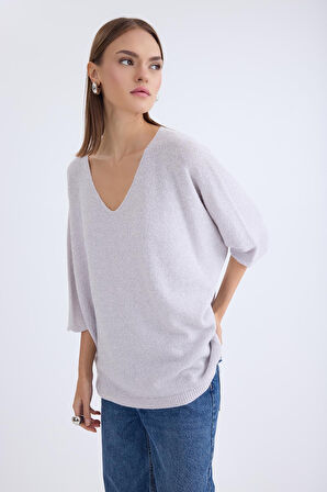 V Yaka Yarım Kol Simli Salaş Bluz