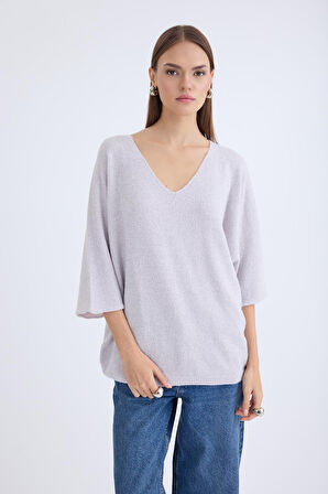V Yaka Yarım Kol Simli Salaş Bluz