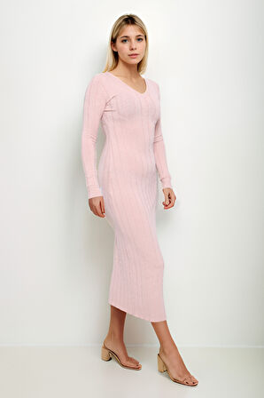 V Yaka Uzun Kol Fitilli Elbise