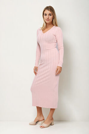 V Yaka Uzun Kol Fitilli Elbise