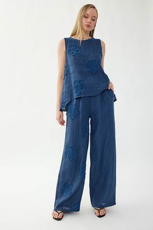 %100 Keten Beli Lastikli Çiçek Motifli Pantolon