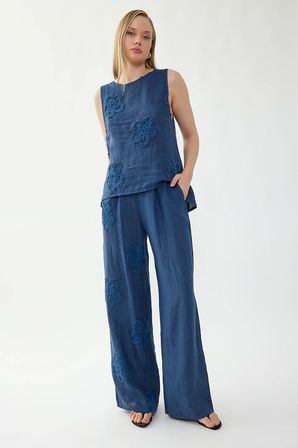 %100 Keten Beli Lastikli Çiçek Motifli Pantolon