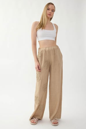 %100 Keten Beli Lastikli Çiçek Motifli Pantolon