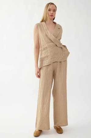 %100 Keten Beli İp Bağlamalı Geniş Paça Pantolon