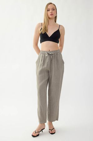 %100 Keten Beli Lastikli Cepli Geniş Paça Pantolon