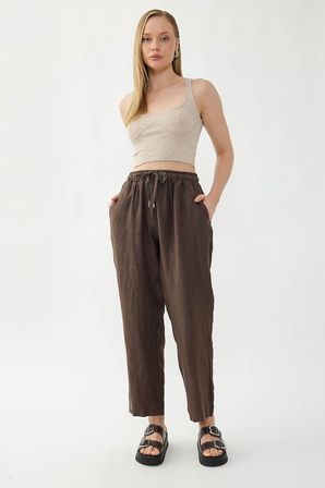 %100 Keten Beli Lastikli Cepli Geniş Paça Pantolon