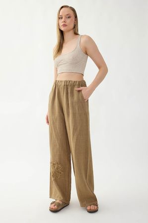 %100 Keten Beli Lastikli Çiçek Motifli Cepli Pantolon