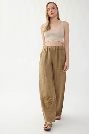 %100 Keten Beli Lastikli Çiçek Motifli Cepli Pantolon