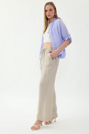 %100 Keten Beli Bağcıklı Pantolon