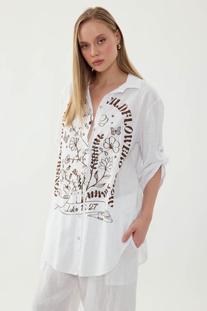 Oversize Baskılı Keten Gömlek