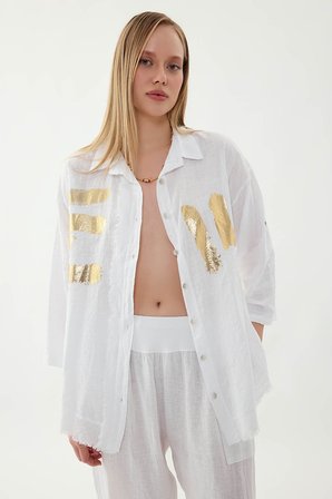 Sedef Düğmeli Baskılı Oversize Keten Gömlek