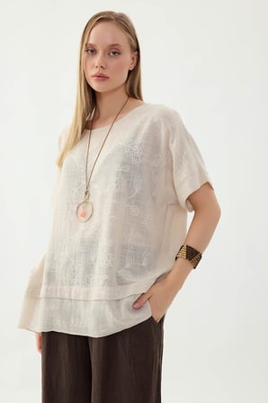 %100 Keten Çiçekli Oversize Bluz