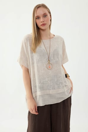 %100 Keten Çiçekli Oversize Bluz