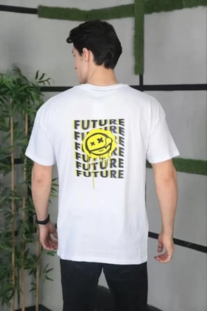 Modi Green Unisex Bisiklet Yaka Baskılı Oversize T-Shirt - Beyaz