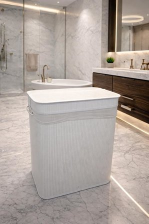 Lüks Bambu 3 Bölmeli Çamaşır Kirli Sepeti 52X32X60CM Büyük Boy 100 Lt (Beyaz)