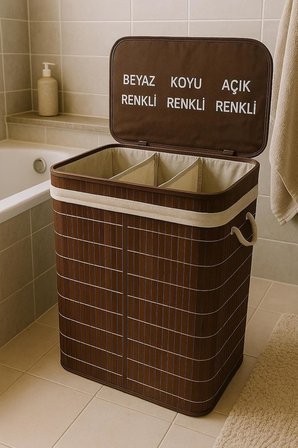 Lüks Bambu 3 Bölmeli Çamaşır Kirli Sepeti 52X32X60CM Büyük Boy 100 Lt (Beyaz)