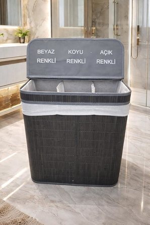 Lüks Bambu 3 Bölmeli Çamaşır Kirli Sepeti 52X32X60CM Büyük Boy 100 Lt (Beyaz)
