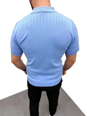 Modi Green Erkek Yazlık Triko Saç Örgü Tişört Kısa Kol Polo Yaka Fermuarlı T-Shirt - Bebe Mavisi