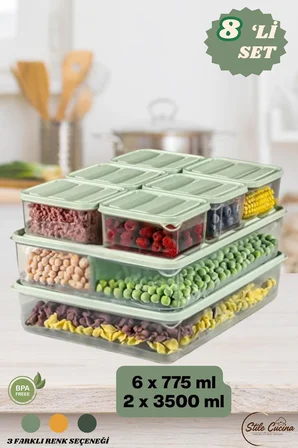 8'li Buzdolabı Düzenleyici Organizeri Mikrodalgaya Uygun Difriz Saklama Kabı (2x3500ml)(6x775ml) BPA Free (Mint)