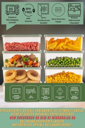 8'li Buzdolabı Düzenleyici Organizeri Mikrodalgaya Uygun Difriz Saklama Kabı (2x3500ml)(6x775ml) BPA Free (Mint)