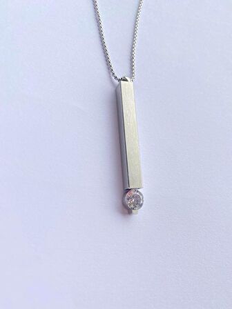 Özel Tasarım Taşlı Çubuk Kolye Paslanmaz Çelik Silver