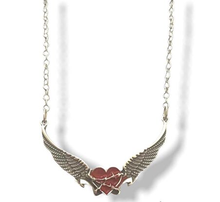 Kartal Kanatlı Gotik Kırmızı Kalp Kolye 