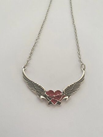 Kartal Kanatlı Gotik Kırmızı Kalp Kolye 