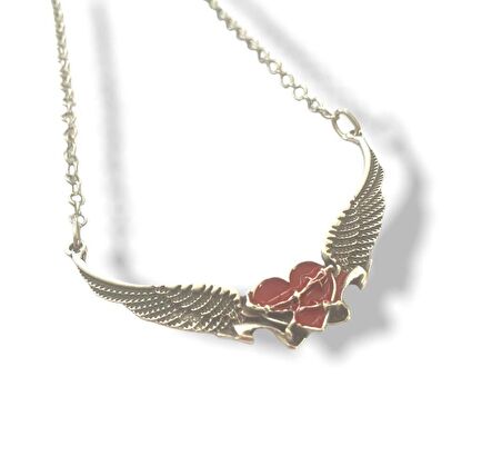 Kartal Kanatlı Gotik Kırmızı Kalp Kolye 