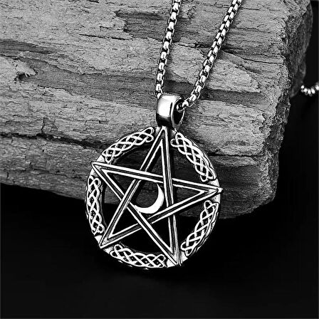 Pentagram İşlemeli Paslanmaz Çelik Kolye