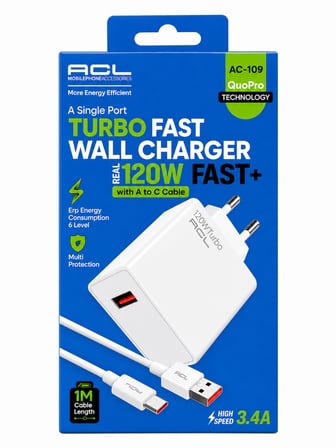 ACL AC-109 ile Telefonunuzu Saniyeler İçinde %100 Şarj Edin! ​Sıradan şarj cihazlarını unutun. ACL'nin en güçlü şarj istasyonlarından biri olan AC-109, Gerçek 120W Turbo Fast+ gücüyle cihazlarınızı inanılmaz bir hızla şarj eder. Kutudan çıkan yüksek 