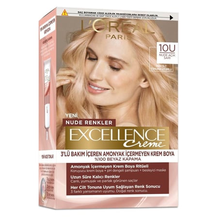 2 Adet L’Oréal Paris Excellence Creme Nude Renkler Saç Boyası – 10U Nude Açık Sarı