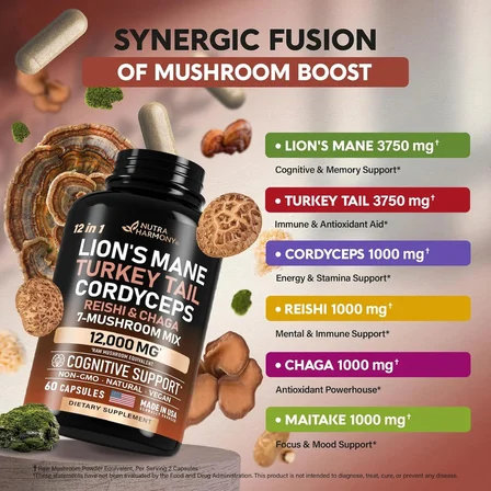 Mushroom Supplement 7 Mushroom Complex  12,000 mg 60 Capsules