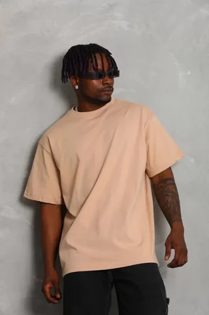 Modi Green Unisex Oversize Düz Bisiklet Yaka T-Shirt - Bej