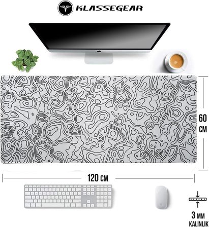 Klasse Pro - 5 Farklı Model Dikişli Kenar 120x60 cm Oyuncu Gaming Mouse Pad (White Map Lines)