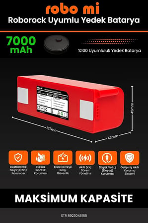 robo mi Robot Süpürge Bataryası, Roborock S7 İle Uyumlu 7000mAh, Yedek Pil, Kırmızı