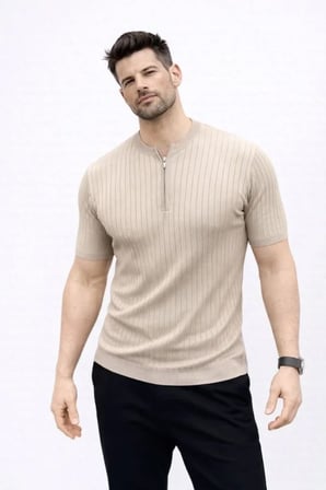 Modi Green Erkek Kısa Kol Fitilli Triko T-Shirt Yazlık Hakim Yaka Tişört - Bej